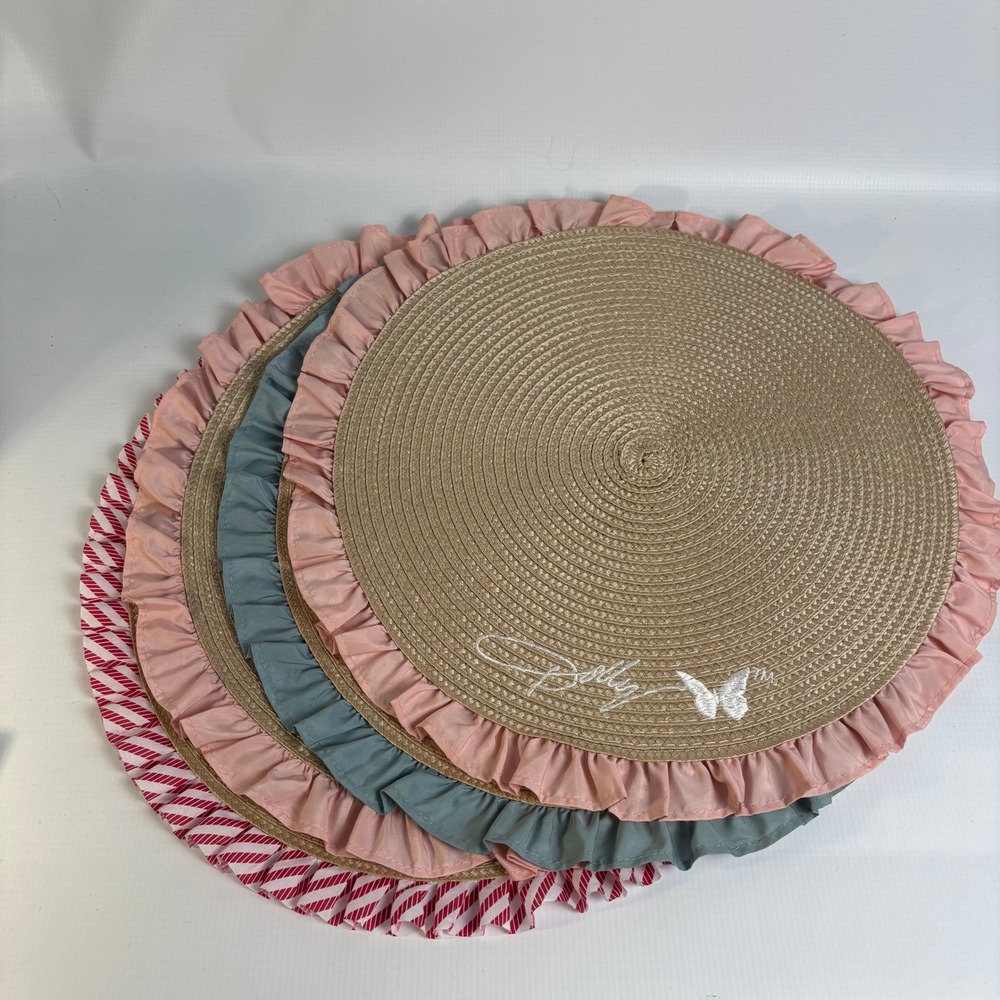 Dolly Parton Round Woven Placemats Set of 4 Ruffled Pink Blue Red Stripe 15 Inch